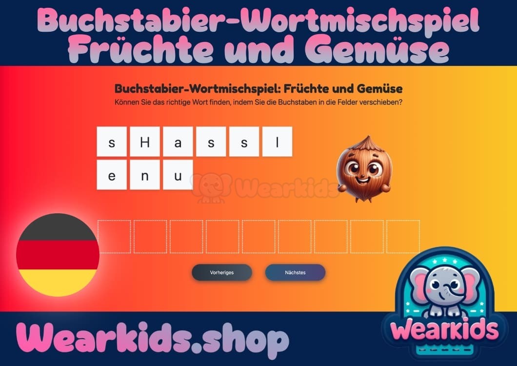 Buchstabier-Wortmischspiel: Früchte und Gemüse