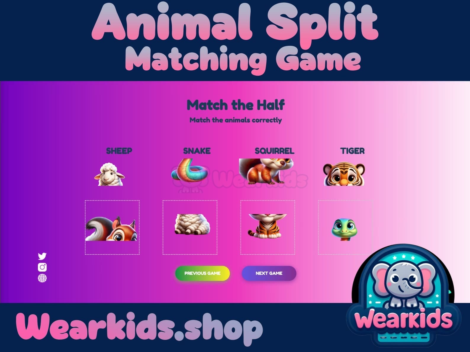 Animal Split Game Matching e-Puzzle, Busy Book Page, Match the Half, Shadow Matching Game, Preschool and Kindergarten Activity, Worksheet